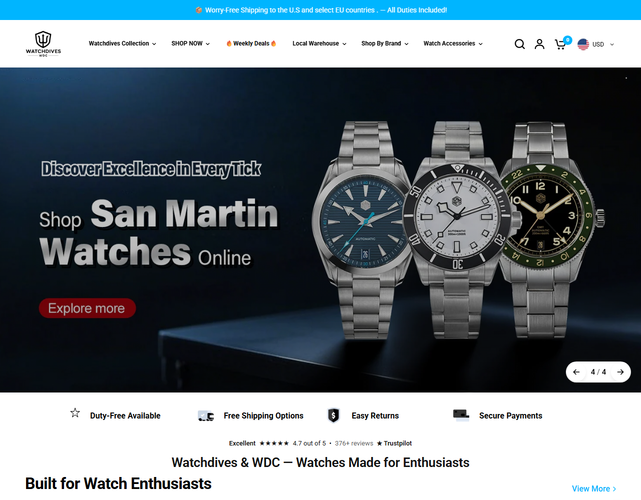 Screenshot of the Watchdives homepage