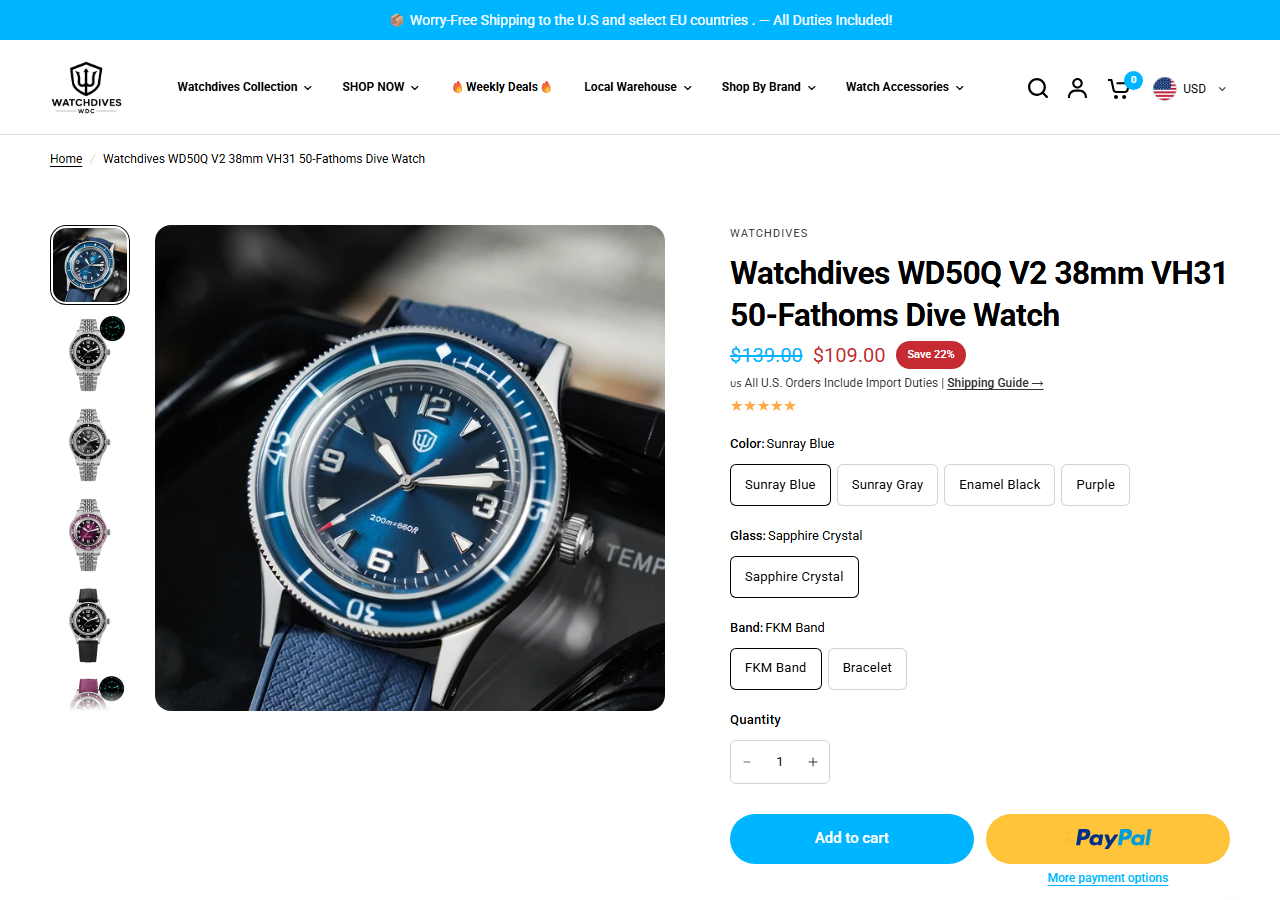 Screenshot of the Watchdives WD50Q V2 product page listing $109